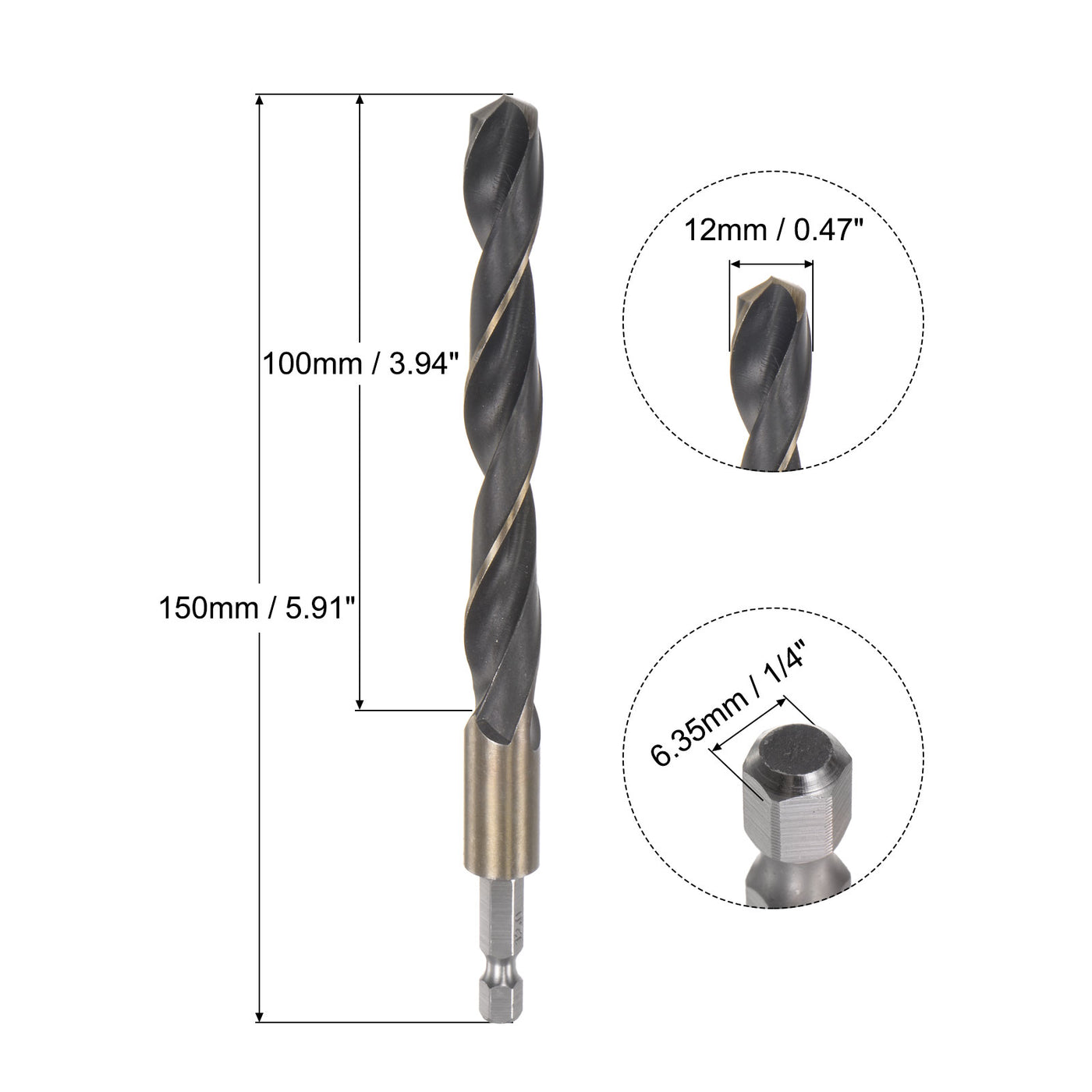 uxcell Uxcell 12mm High Speed Steel Twist Drill Bit with Hex Shank 150mm Length