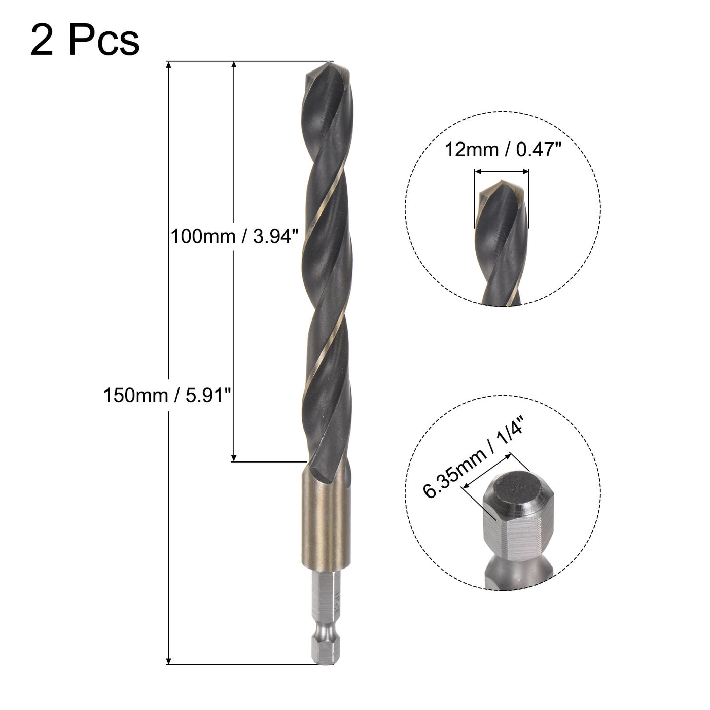 uxcell Uxcell 2Pcs 12mm High Speed Steel Twist Drill Bit with Hex Shank 150mm Length