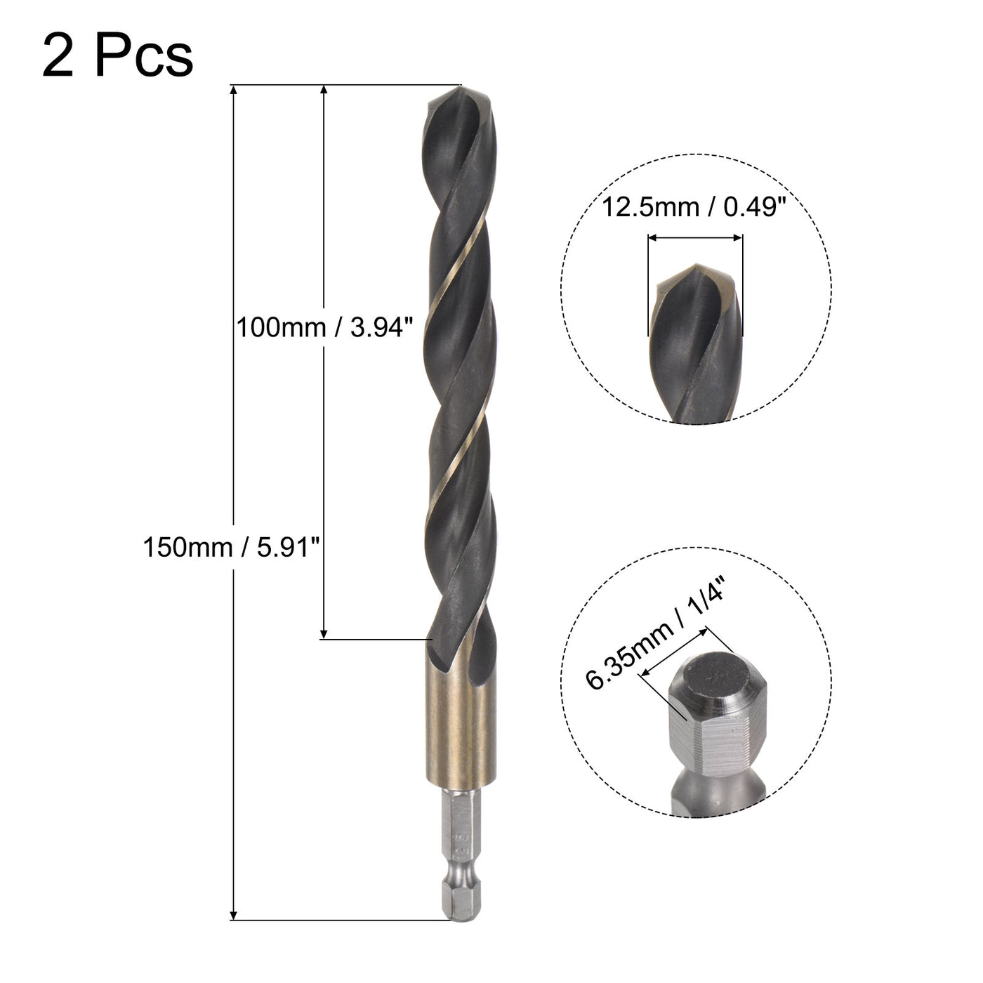 uxcell Uxcell 2Pcs 12.5mm High Speed Steel Twist Drill Bit with Hex Shank 150mm Length