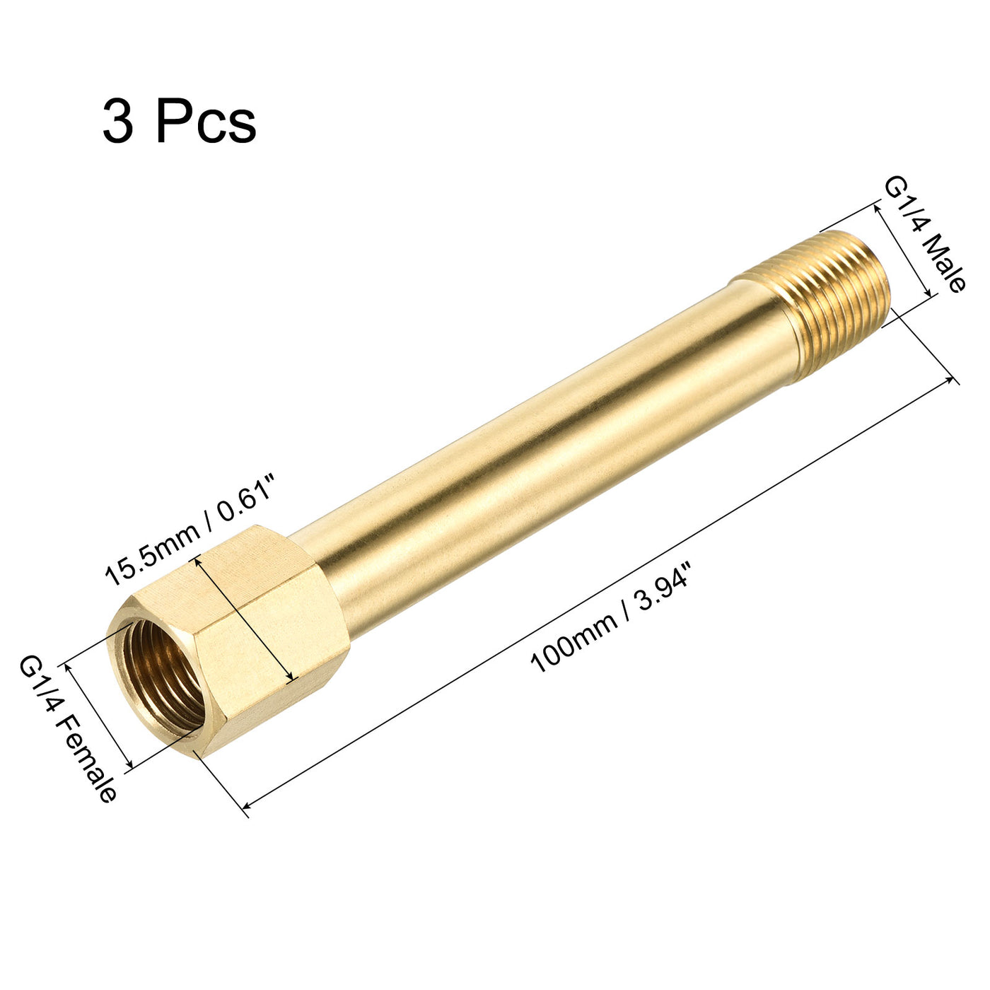Harfington Brass Pipe Fitting G1/4  Adapter 100mm Extension Connector Hex Coupling 3 Pack