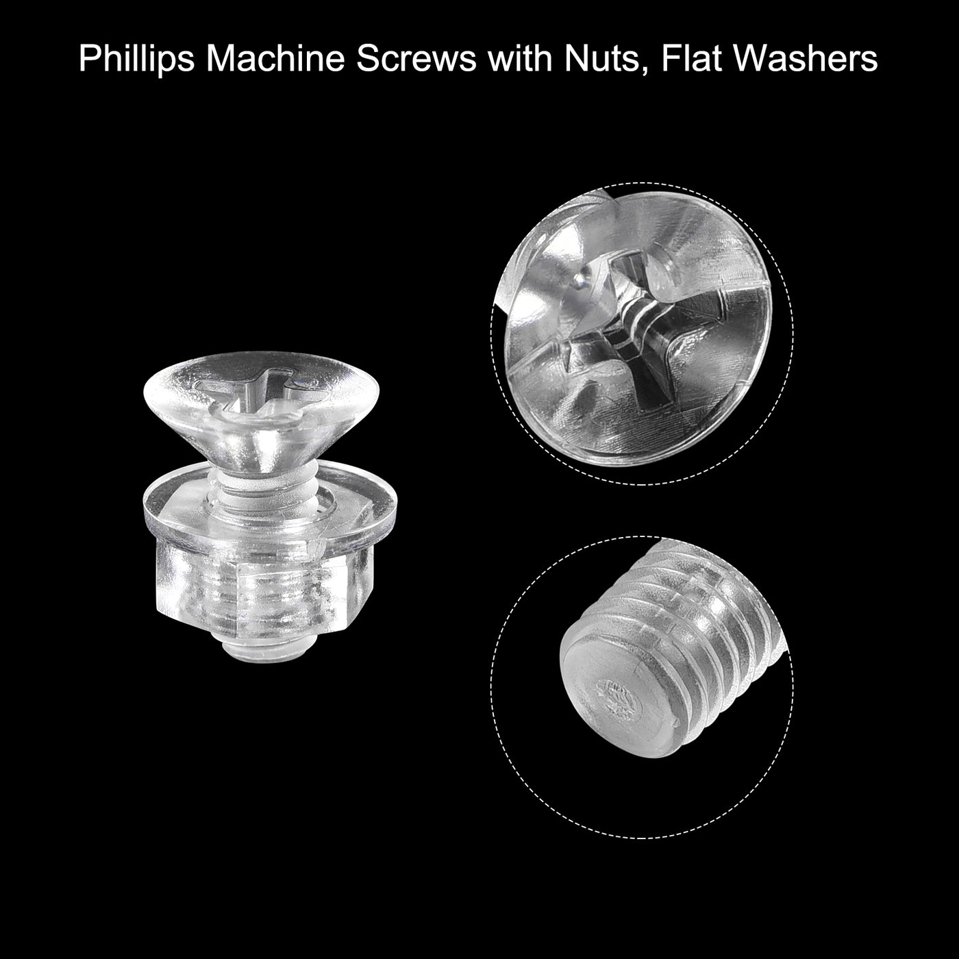 uxcell Uxcell M4 x 10mm Plastic Phillips Machine Screws with Nuts and Flat Washers, PC Flat Head Machine Bolts Transparent 20 Sets
