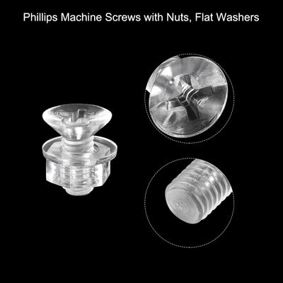 Harfington Uxcell M4 x 10mm Plastic Phillips Machine Screws with Nuts and Flat Washers, PC Flat Head Machine Bolts Transparent 20 Sets