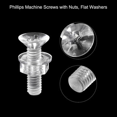 Harfington Uxcell M4 x 16mm Plastic Phillips Machine Screws with Nuts and Flat Washers, PC Flat Head Machine Bolts Transparent 20 Sets