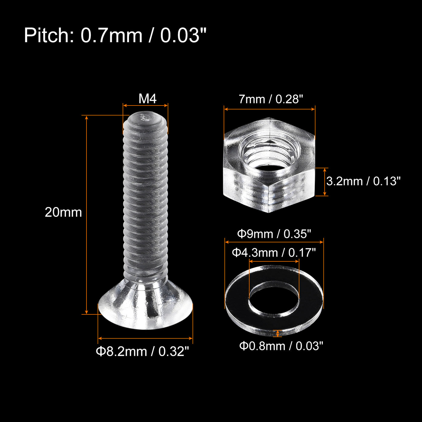 uxcell Uxcell M4 x 20mm Plastic Phillips Machine Screws with Nuts and Flat Washers, PC Flat Head Machine Bolts Transparent 20 Sets
