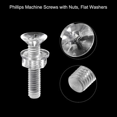 Harfington Uxcell M4 x 20mm Plastic Phillips Machine Screws with Nuts and Flat Washers, PC Flat Head Machine Bolts Transparent 20 Sets