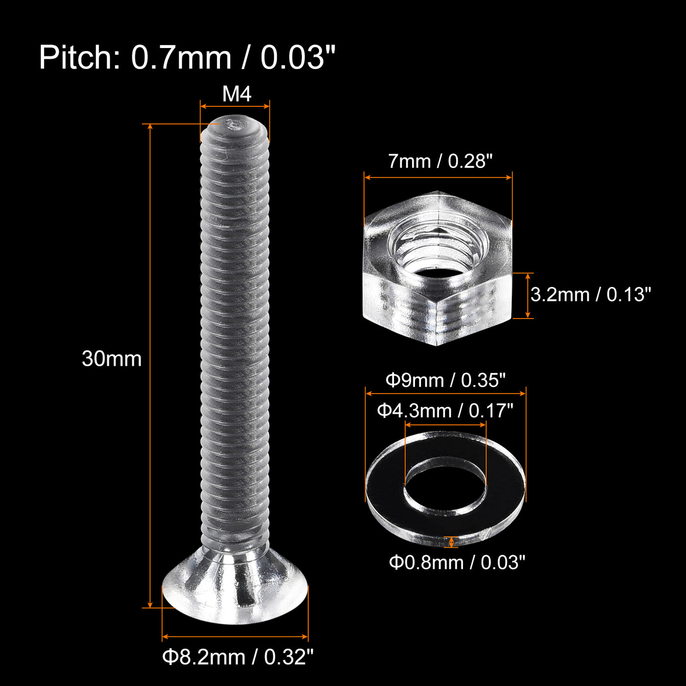 uxcell Uxcell M4 x 30mm Plastic Phillips Machine Screws with Nuts and Flat Washers, PC Flat Head Machine Bolts Transparent 20 Sets