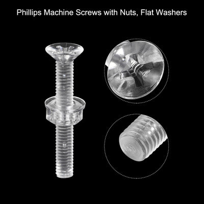 Harfington Uxcell M4 x 30mm Plastic Phillips Machine Screws with Nuts and Flat Washers, PC Flat Head Machine Bolts Transparent 20 Sets