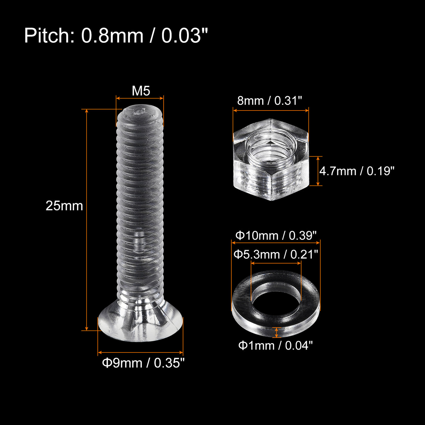 uxcell Uxcell M5 x 25mm Plastic Phillips Machine Screws with Nuts and Flat Washers, PC Flat Head Machine Bolts Transparent 20 Sets