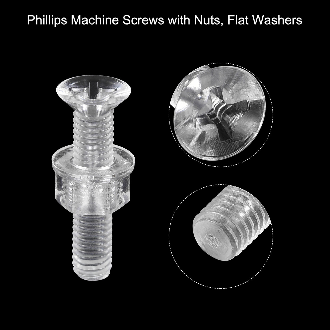 uxcell Uxcell M5 x 25mm Plastic Phillips Machine Screws with Nuts and Flat Washers, PC Flat Head Machine Bolts Transparent 20 Sets