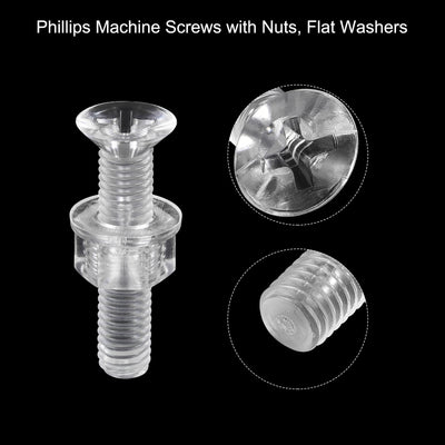 Harfington Uxcell M5 x 25mm Plastic Phillips Machine Screws with Nuts and Flat Washers, PC Flat Head Machine Bolts Transparent 20 Sets