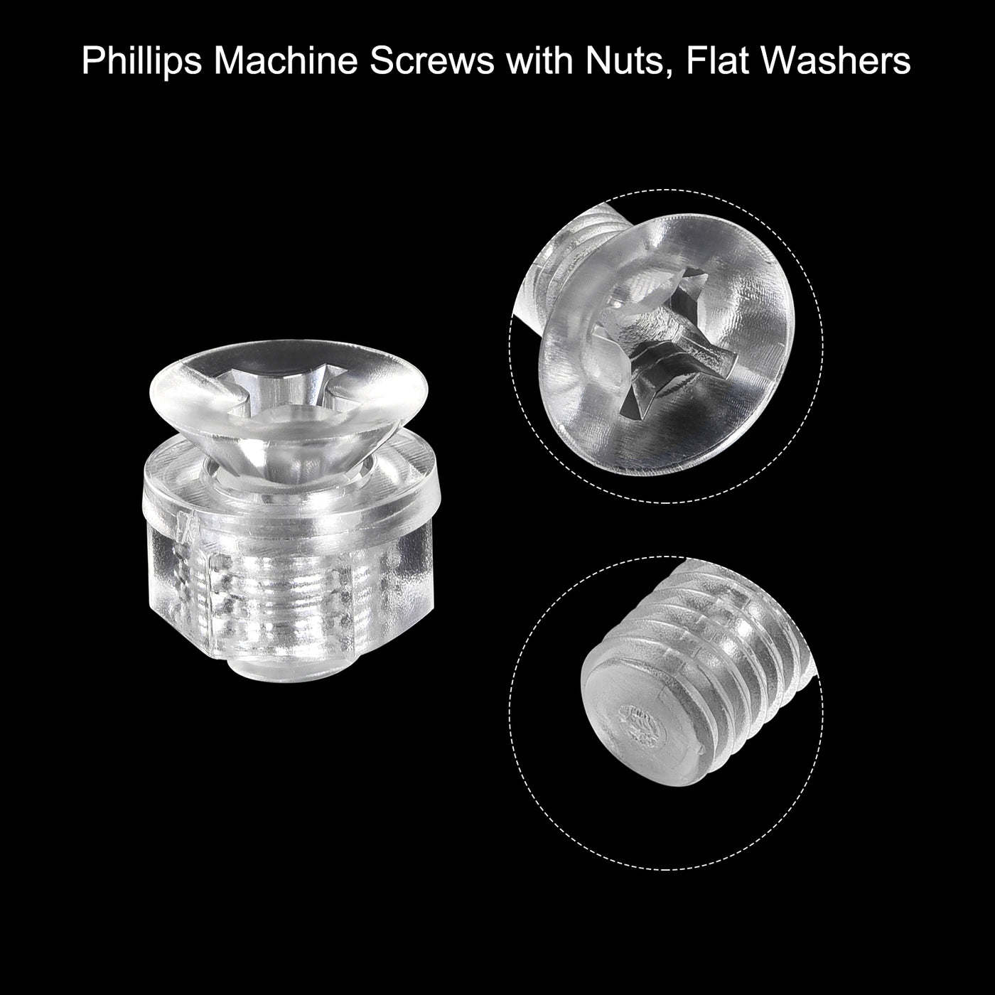 Uxcell Uxcell M8 x 60mm Plastic Phillips Machine Screws with Nuts and Flat Washers, PC Flat Head Machine Bolts Transparent 20 Sets