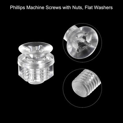 Harfington Uxcell M8 x 60mm Plastic Phillips Machine Screws with Nuts and Flat Washers, PC Flat Head Machine Bolts Transparent 20 Sets