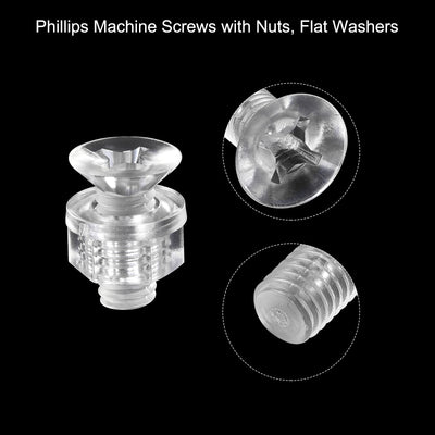 Harfington Uxcell M6 x 16mm Plastic Phillips Machine Screws with Nuts and Flat Washers, PC Flat Head Machine Bolts Transparent 20 Sets