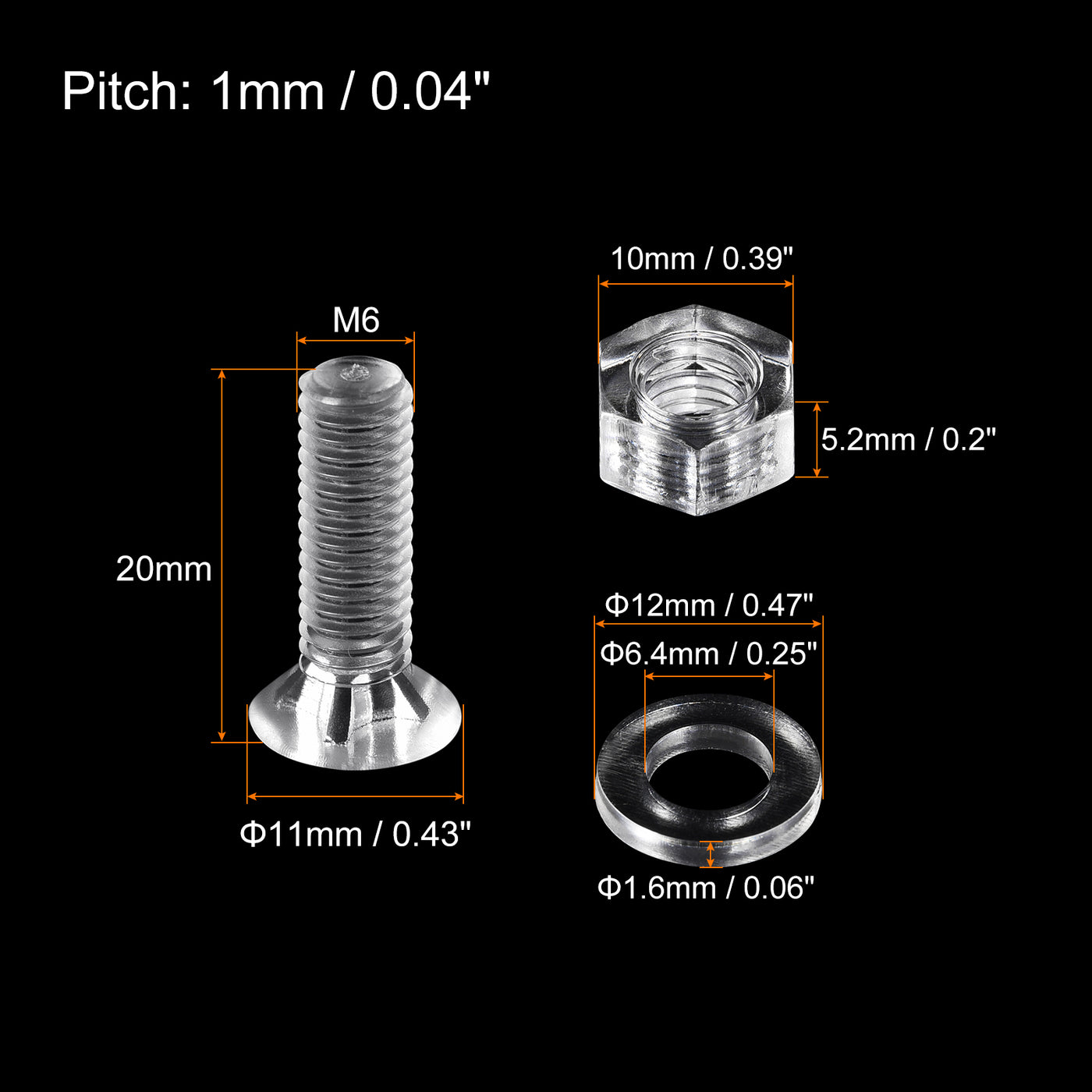 uxcell Uxcell M6 x 20mm Plastic Phillips Machine Screws with Nuts and Flat Washers, PC Flat Head Machine Bolts Transparent 20 Sets