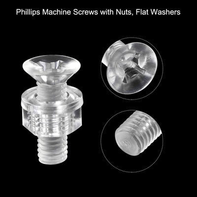 Harfington Uxcell M6 x 20mm Plastic Phillips Machine Screws with Nuts and Flat Washers, PC Flat Head Machine Bolts Transparent 20 Sets
