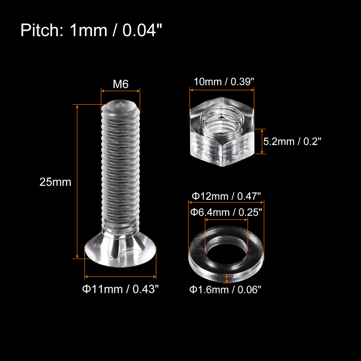 uxcell Uxcell M6 x 25mm Plastic Phillips Machine Screws with Nuts and Flat Washers, PC Flat Head Machine Bolts Transparent 20 Sets