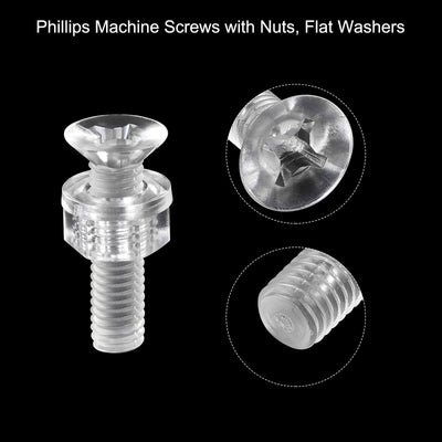 Harfington Uxcell M6 x 25mm Plastic Phillips Machine Screws with Nuts and Flat Washers, PC Flat Head Machine Bolts Transparent 20 Sets