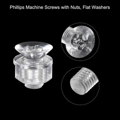 Harfington Uxcell M8 x 16mm Plastic Phillips Machine Screws with Nuts and Flat Washers, PC Flat Head Machine Bolts Transparent 20 Sets
