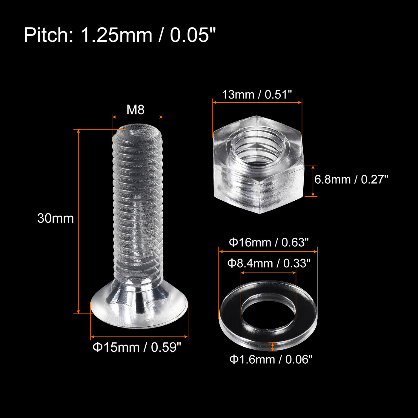uxcell Uxcell M8 x 30mm Plastic Phillips Machine Screws with Nuts and Flat Washers, PC Flat Head Machine Bolts Transparent 20 Sets