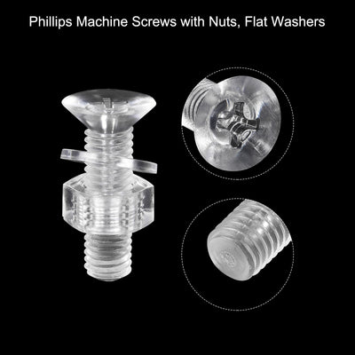 Harfington Uxcell M8 x 30mm Plastic Phillips Machine Screws with Nuts and Flat Washers, PC Flat Head Machine Bolts Transparent 20 Sets