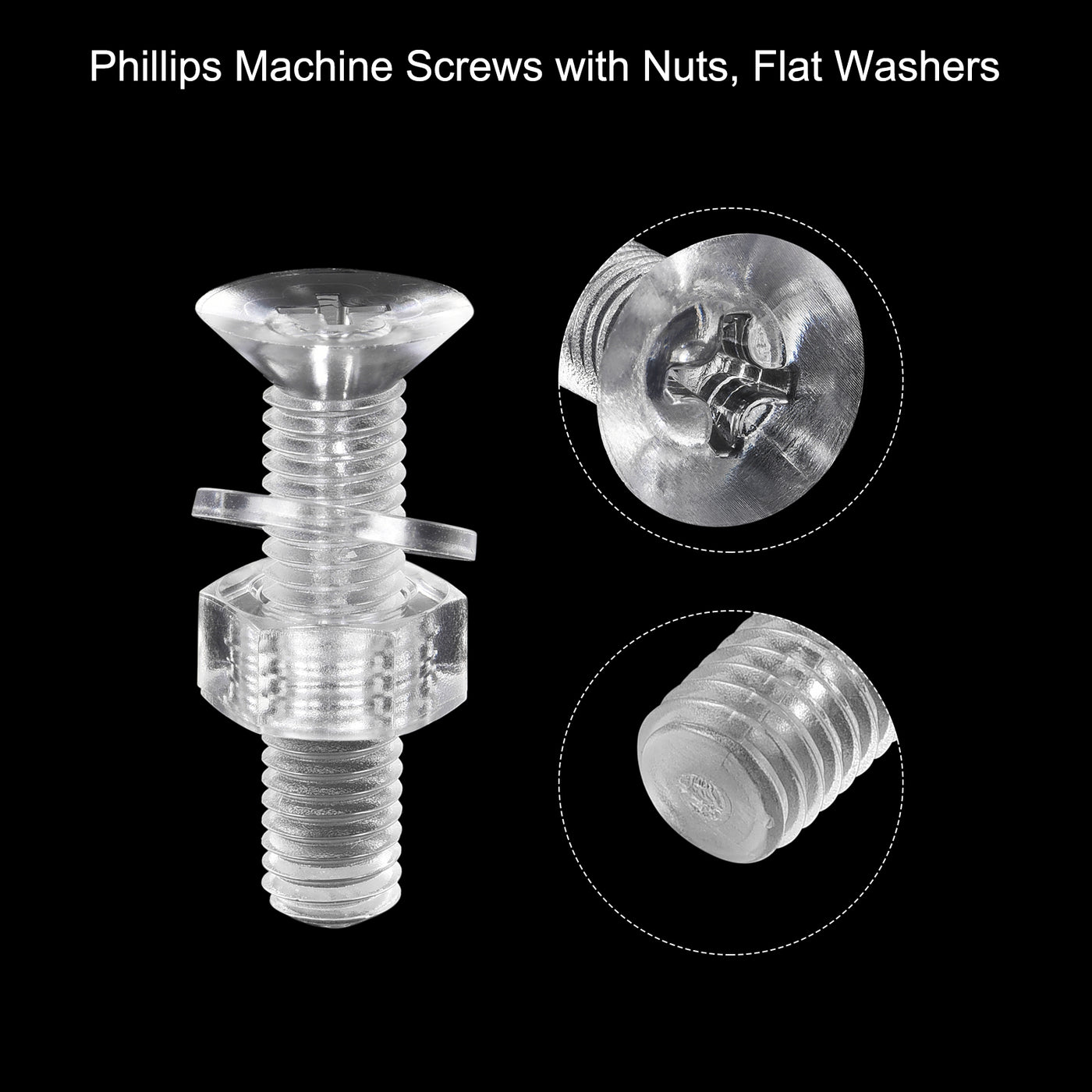 uxcell Uxcell M8 x 35mm Plastic Phillips Machine Screws with Nuts and Flat Washers, PC Flat Head Machine Bolts Transparent 20 Sets