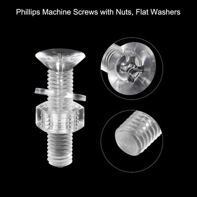 Harfington Uxcell M8 x 35mm Plastic Phillips Machine Screws with Nuts and Flat Washers, PC Flat Head Machine Bolts Transparent 20 Sets