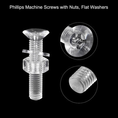 Harfington Uxcell M8 x 40mm Plastic Phillips Machine Screws with Nuts and Flat Washers, PC Flat Head Machine Bolts Transparent 20 Sets