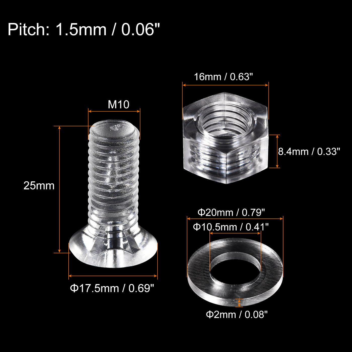 uxcell Uxcell M10 x 25mm Plastic Phillips Machine Screws with Nuts and Flat Washers, PC Flat Head Machine Bolts Transparent 20 Sets