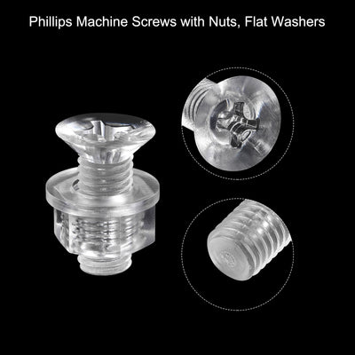 Harfington Uxcell M10 x 25mm Plastic Phillips Machine Screws with Nuts and Flat Washers, PC Flat Head Machine Bolts Transparent 20 Sets