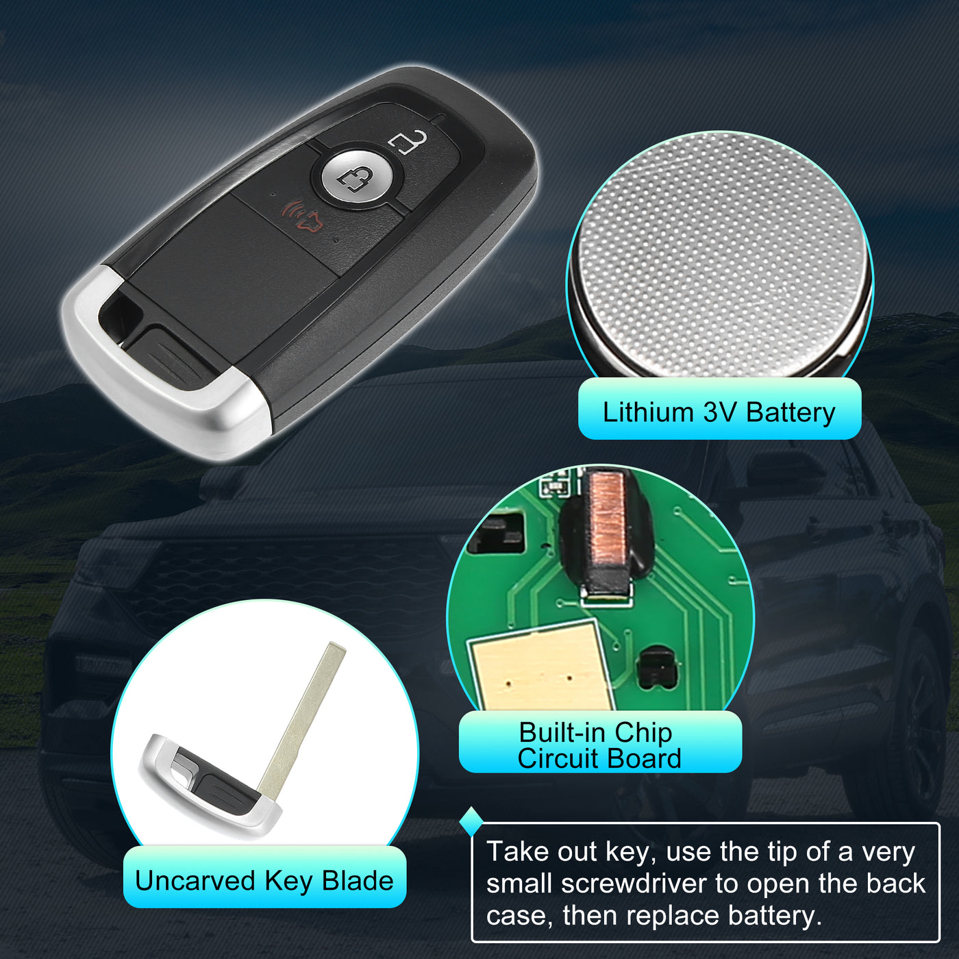 X AUTOHAUX 315MHz M3N-A2C93142300 Replacement Smart Proximity Keyless Entry Remote Key Fob for Ford Ecosport Explorer Edge F150 F250 F350 F450 2018-2022 3 Buttons with Door Key 49 Chip