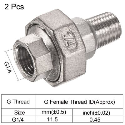 Harfington Pipe Fitting Union 1/4PT Male x G1/4 Female Thread 304 Stainless Steel Hex Head Adapter for Home Industrial Factory, Silver, Pack of 2