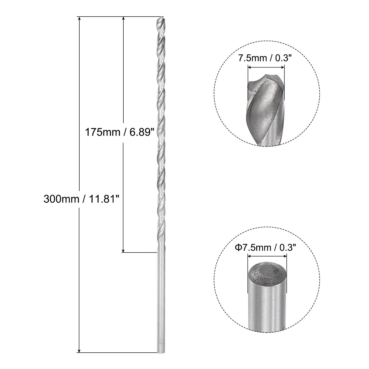 uxcell Uxcell 7.5mm Twist Drill Bits, High-Speed Steel Extra Long Drill Bit 300mm Length