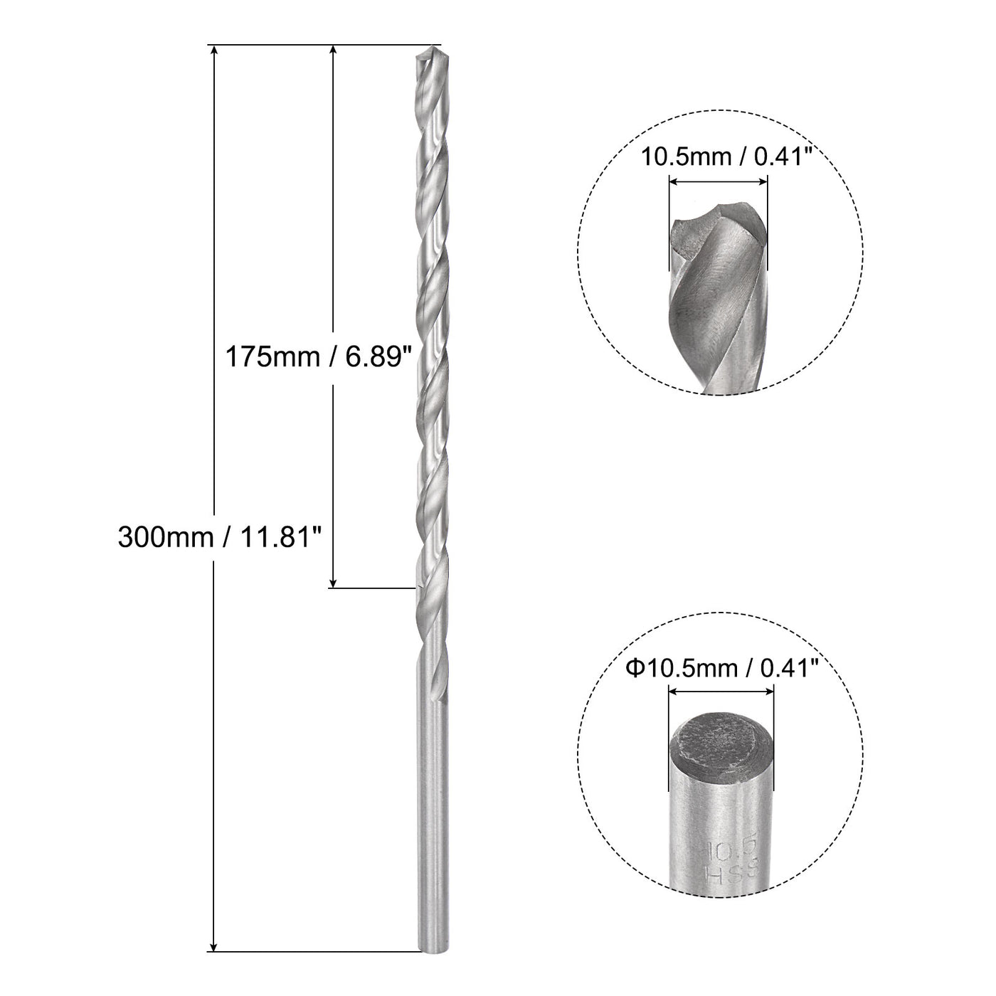 uxcell Uxcell 10.5mm Twist Drill Bits, High-Speed Steel Extra Long Drill Bit 300mm Length