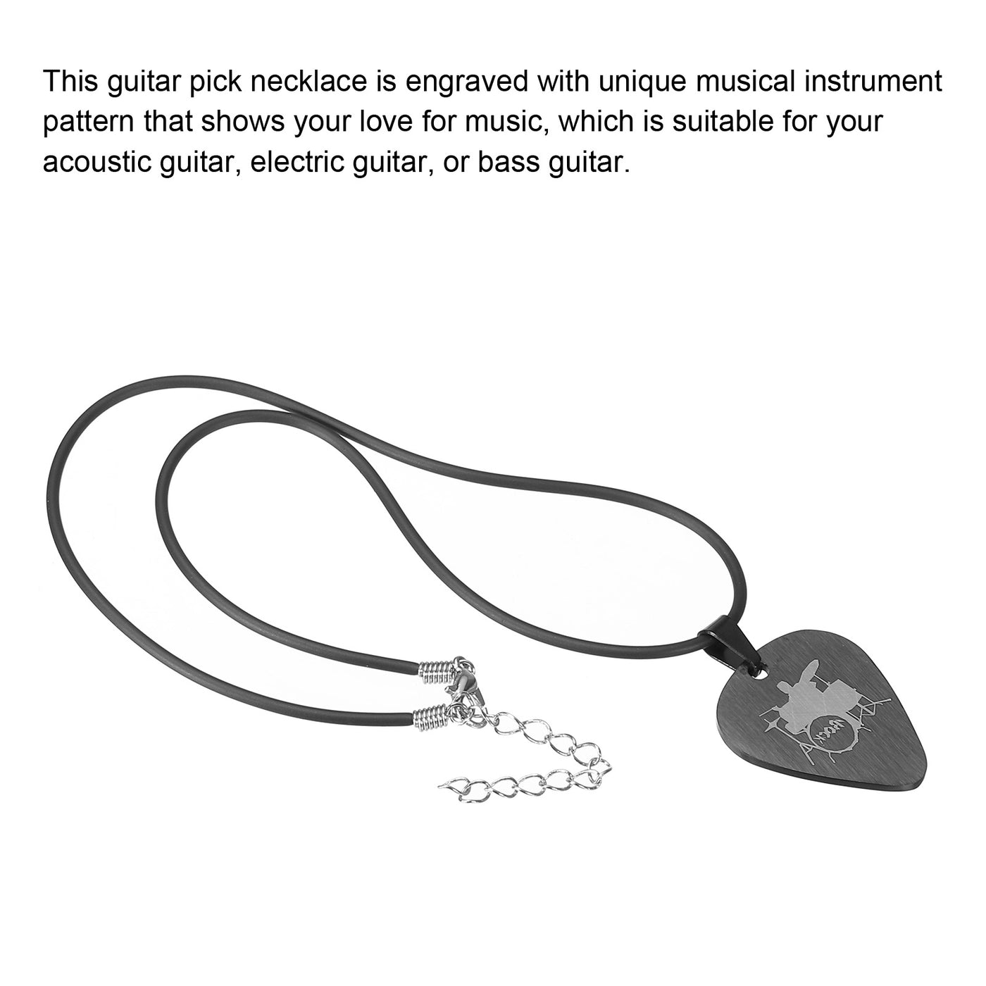 Harfington Guitar Pick Necklace Metal Black L1.35ft Engraving of Drum Kit