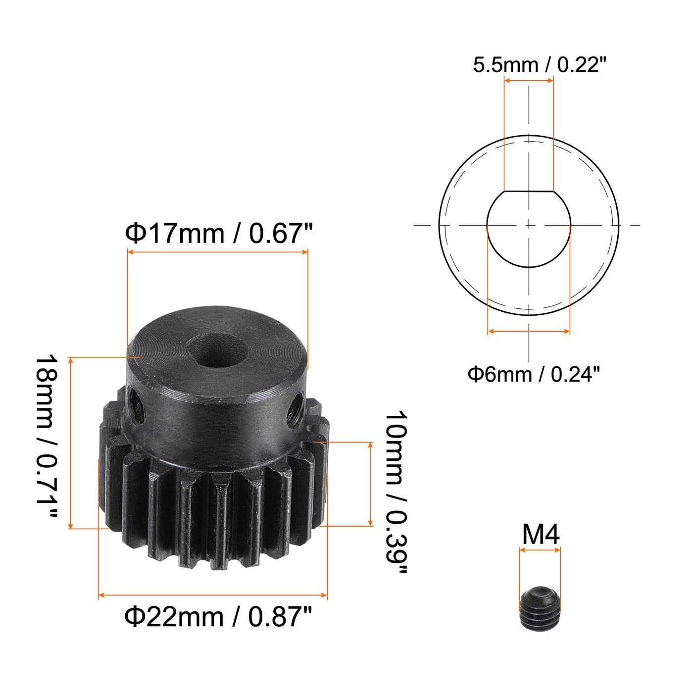 uxcell Uxcell 6x5.5mm Aperture 20T Mod 1 45# Steel Spur Diff Differential Motor Pinion Gear