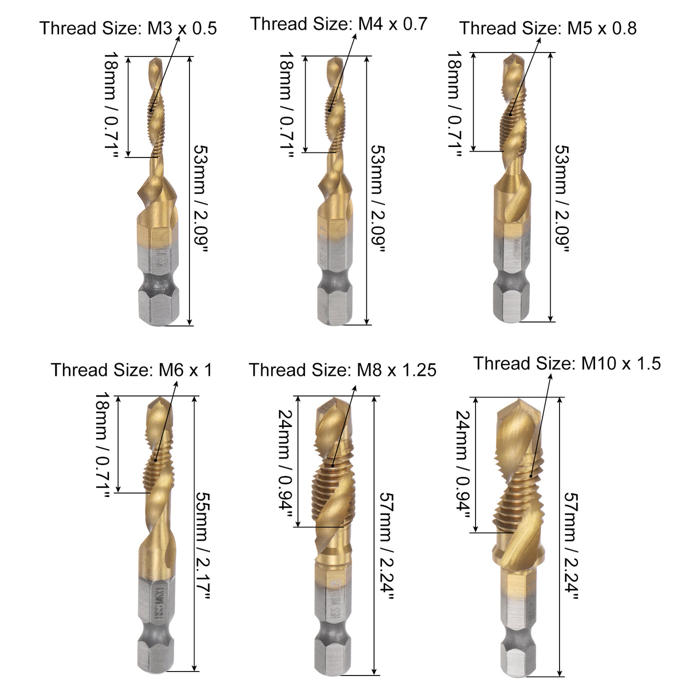 Uxcell Uxcell M3 M4 M5 M6 M8 M10 Titanium Coated High Speed Steel Combination Drill Tap Bit