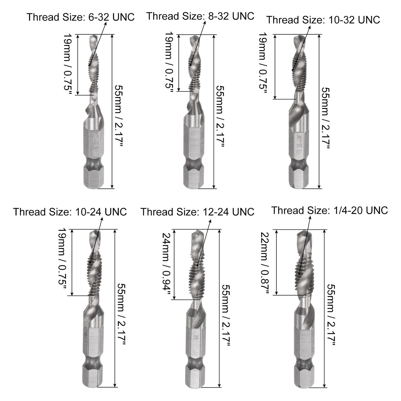 uxcell Uxcell 6-32 8-32 10-3210-24 12-24 1/4-20 High Speed Steel Combination Drill Tap Bit Set