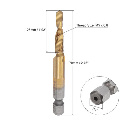 Harfington Uxcell M5x0.8 Titanium Coated High Speed Steel Combination Drill and Tap Bit Long