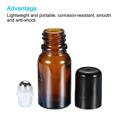 Harfington 10mL Roller Bottles, 3 Pack Amber Glass Essential Oil Roller Ball Black Caps Refillable Sample Containers, Brown