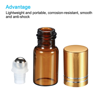Harfington 3mL Roller Bottles, 2 Pack Amber Glass Essential Oil Roller Ball Golden Caps Refillable Sample Containers, Brown
