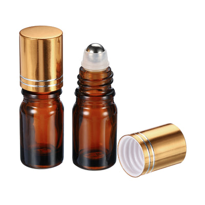 Harfington 5mL Roller Bottles, 2 Pack Amber Glass Essential Oil Roller Ball Golden Caps Refillable Sample Containers, Brown