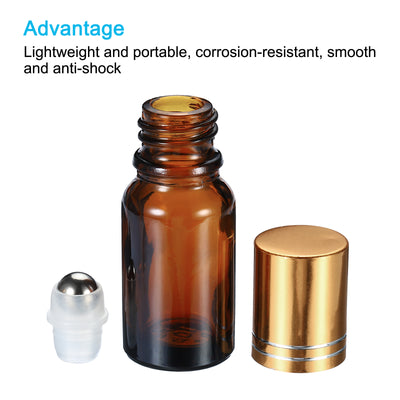 Harfington 10mL Roller Bottles, 6 Pack Amber Glass Essential Oil Roller Ball Golden Caps Refillable Sample Containers, Brown