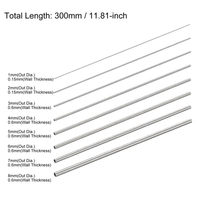 Harfington Uxcell 304 Stainless Steel Tube 1mm 2mm OD x 0.15mm Wall Thick, 3mm 4mm 5mm 6mm 7mm 8mm OD x 0.6mm Wall Thick 300mm Length Pack of 8