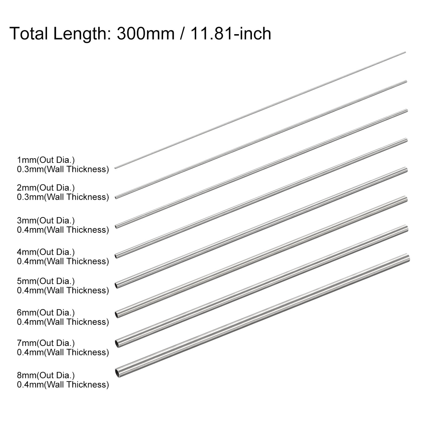 uxcell Uxcell 304 Stainless Steel Tube 1mm 2mm OD x 0.3mm Wall Thick, 3mm 4mm 5mm 6mm 7mm 8mm OD x 0.4mm Wall Thick 300mm Length Pack of 8