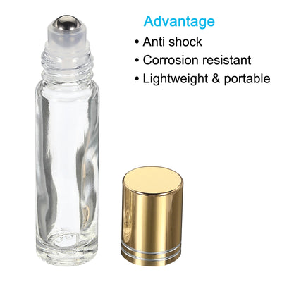 Harfington 10mL Roller Bottles, 6 Pack Glass Essential Oil Roller Balls with Golden Cover Cap Refillable Containers, Clear