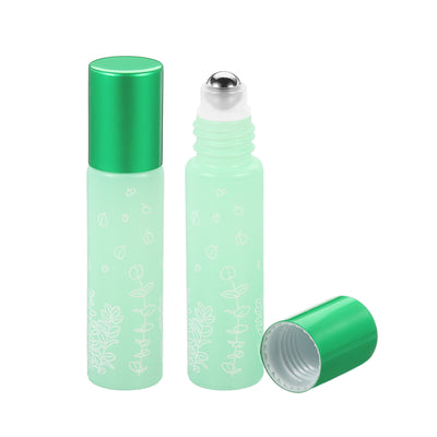 Harfington 10mL Roller Bottles, 2 Pack Glass Essential Oil Roller Balls with Flower Pattern Refillable Containers, Green