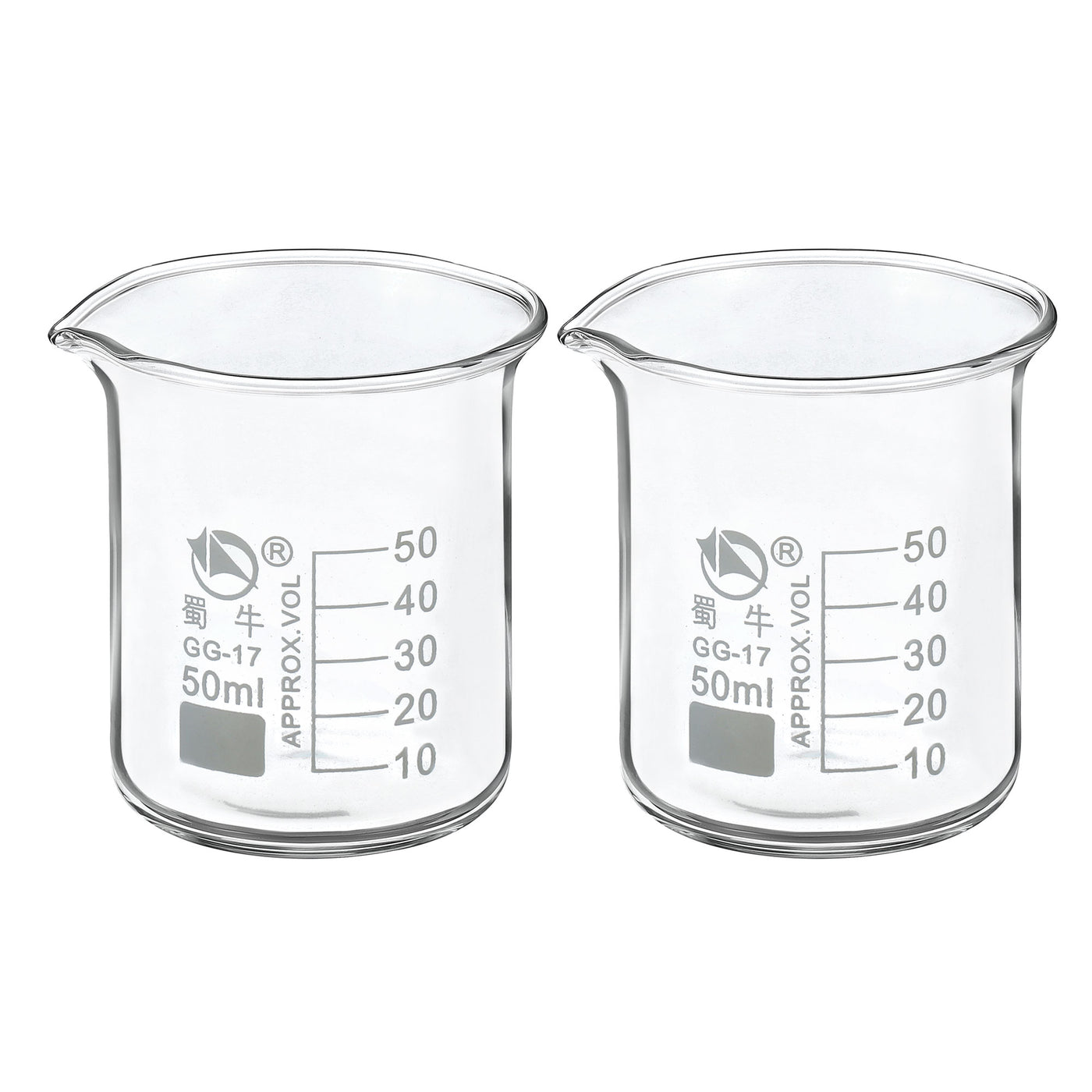 Harfington 50ml Low Form Glass Beaker, 2 Pack 3.3 Borosilicate Glass Graduated Printed Scale Measuring Cups with Spout for Kitchen Lab Liquids