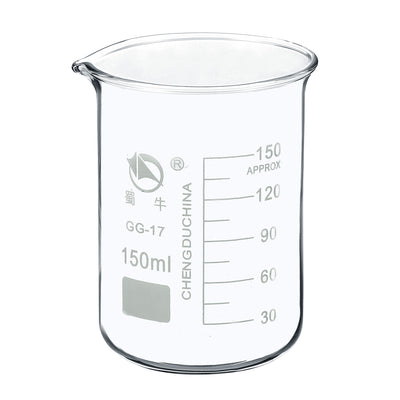 Harfington 150ml Low Form Glass Beaker, 3.3 Borosilicate Glass Graduated Printed Scale Measuring Cups with Spout for Kitchen Lab Liquids