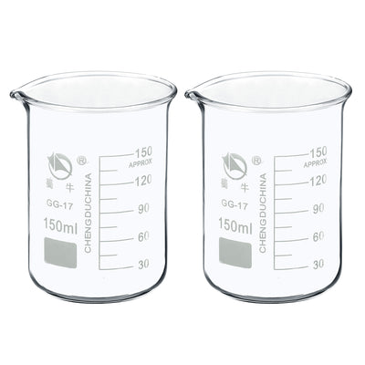 Harfington 150ml Low Form Glass Beaker, 2 Pack 3.3 Borosilicate Glass Graduated Printed Scale Measuring Cups with Spout for Kitchen Lab Liquids