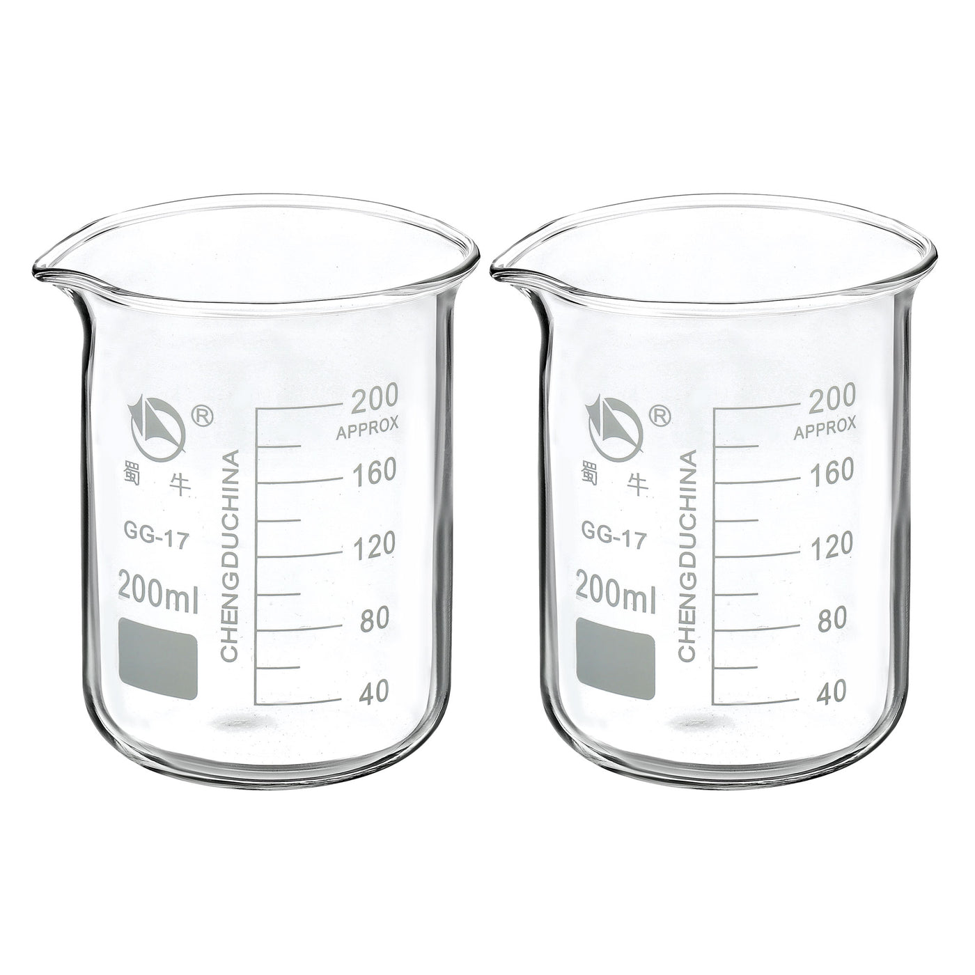 Harfington 200ml Low Form Glass Beaker, 2 Pack 3.3 Borosilicate Glass Graduated Printed Scale Measuring Cups with Spout for Kitchen Lab Liquids